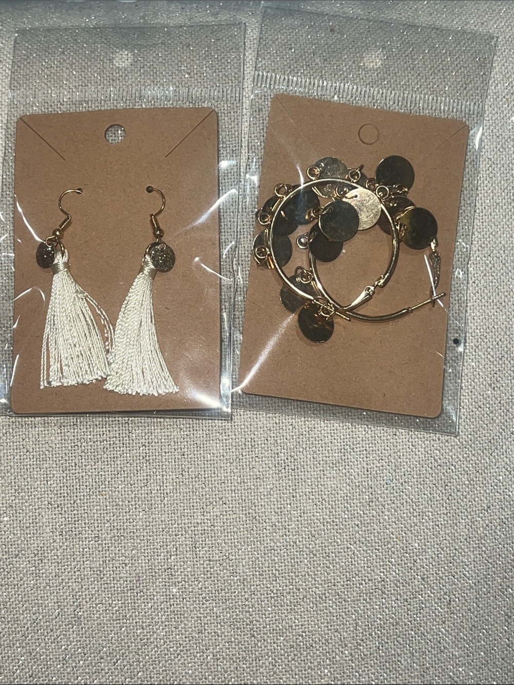 Gold Hoop Earrings and Cream Tassel Drop Earrings